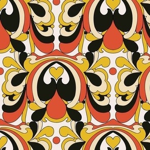 Vintage-Inspired Psychedelic Swirls with Yellow Hearts in Red Yellow Black & Cream  // Larger Scale