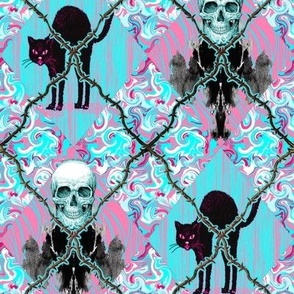 Barbed Wire Argyle Pink and Turquoise Whimsigothic Black Cat and Inkblot Skulls