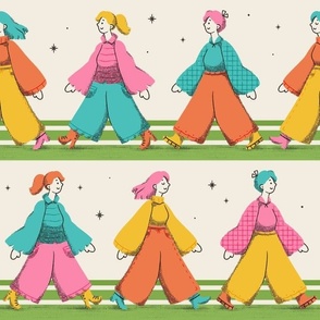 Medium scale / Retro rainbow girls Pattern Parade / women’s march feminist 70s whimsical groovy bold colorful vintage fashion apparel / nostalgic 60s disco revival bright yellow orange blue green and pink hair boots