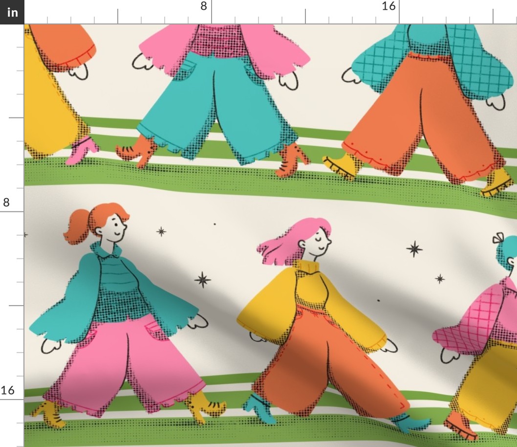 Large scale / Retro rainbow girls Pattern Parade / women’s march feminist 70s whimsical groovy bold colorful vintage fashion apparel / nostalgic 60s disco revival bright yellow orange blue green and pink hair boots