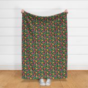 Medium scale / Mom’s spring garden rainbow daisies / Colorful multicolored bold daisy flowers pink red orange peach yellow florals with white stars bright green leaves on dark navy blue background