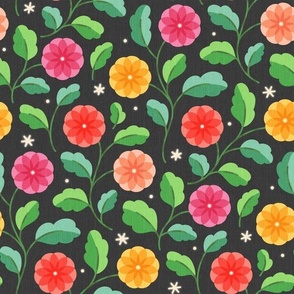 Medium scale / Mom’s spring garden rainbow daisies / Colorful multicolored bold daisy flowers pink red orange peach yellow florals with white stars bright green leaves on dark navy blue background