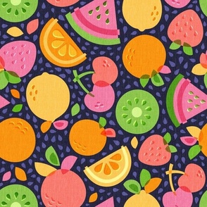 Medium scale / Tropical fruits fresh summer fun / lemons watermelons oranges strawberries kiwis cherries melons on textured navy blue / bright colorful retro yellow pink orange and green non directional tossed juicy slices seeds linen kitchen decor