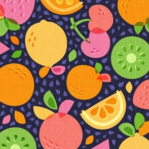 Large scale / Tropical fruits fresh summer fun / lemons watermelons oranges strawberries kiwis cherries melons on textured navy blue / bright colorful retro yellow pink orange and green non directional tossed juicy slices seeds linen kitchen decor