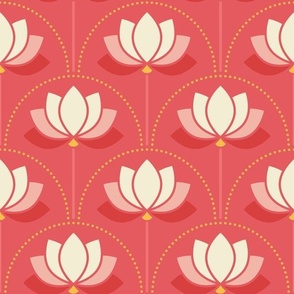 Medium scale / Vanilla cream lotus art deco flowers on pale coral red / Monochromatic florals water lilies watermelon pink / modern minimal and whimsical buttermilk yellow blossoms light amaranth mid mod spa yoga zen decor