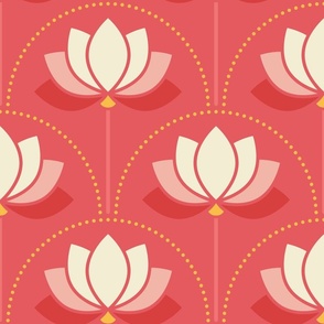 Large scale / Vanilla cream lotus art deco flowers on pale coral red / Monochromatic florals water lilies watermelon pink / modern minimal and whimsical buttermilk yellow blossoms light amaranth mid mod spa yoga zen decor