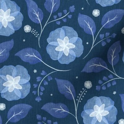 Medium scale / Indigo blue watercolor wedding blooms / Deep royal blue roses pretty bridal lace florals pale leaves / dreamy midnight navy monochromatic enchanting boho linen flowers icy winter decor