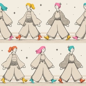 Medium scale / Retro neutral beige girls Pattern Parade / women’s march feminist 70s whimsical groovy bold warm cream ivory colorful vintage fashion apparel / nostalgic 60s disco revival tan yellow orange blue and pink hair boots