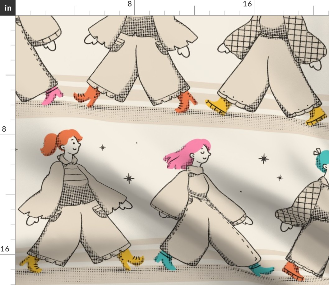 Large scale / Retro neutral beige girls Pattern Parade / women’s march feminist 70s whimsical groovy bold warm cream ivory colorful vintage fashion apparel / nostalgic 60s disco revival tan yellow orange blue and pink hair boots