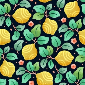 Medium scale / Lemon blossoms yellow and green / fresh juicy tropical summer fruits exotic limes / pink flowers green leaves tiny hearts / bright spring garden watercolor textured linen non directional tossed kitchen decor on navy black kitchen