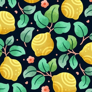 Large scale / Lemon blossoms yellow and green / fresh juicy tropical summer fruits exotic limes / pink flowers green leaves tiny hearts / bright spring garden watercolor textured linen non directional tossed kitchen decor on navy black kitchen