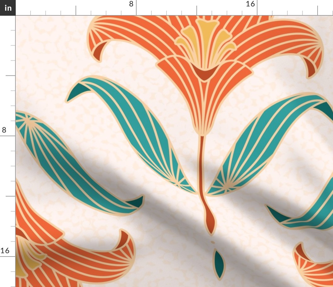 Large scale / Orange and green art nouveau lilies on soft creamy pinkish beige / Vintage Victorian ornate damask rustic yellow line art lily florals / apricot amber flowers jewel tones leaves pastel boho spa decor