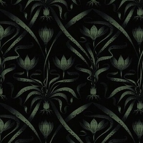 (small 5.25x5.25in, textured) Boho Gothic Crocus Garden / greenish black / small scale for pillows