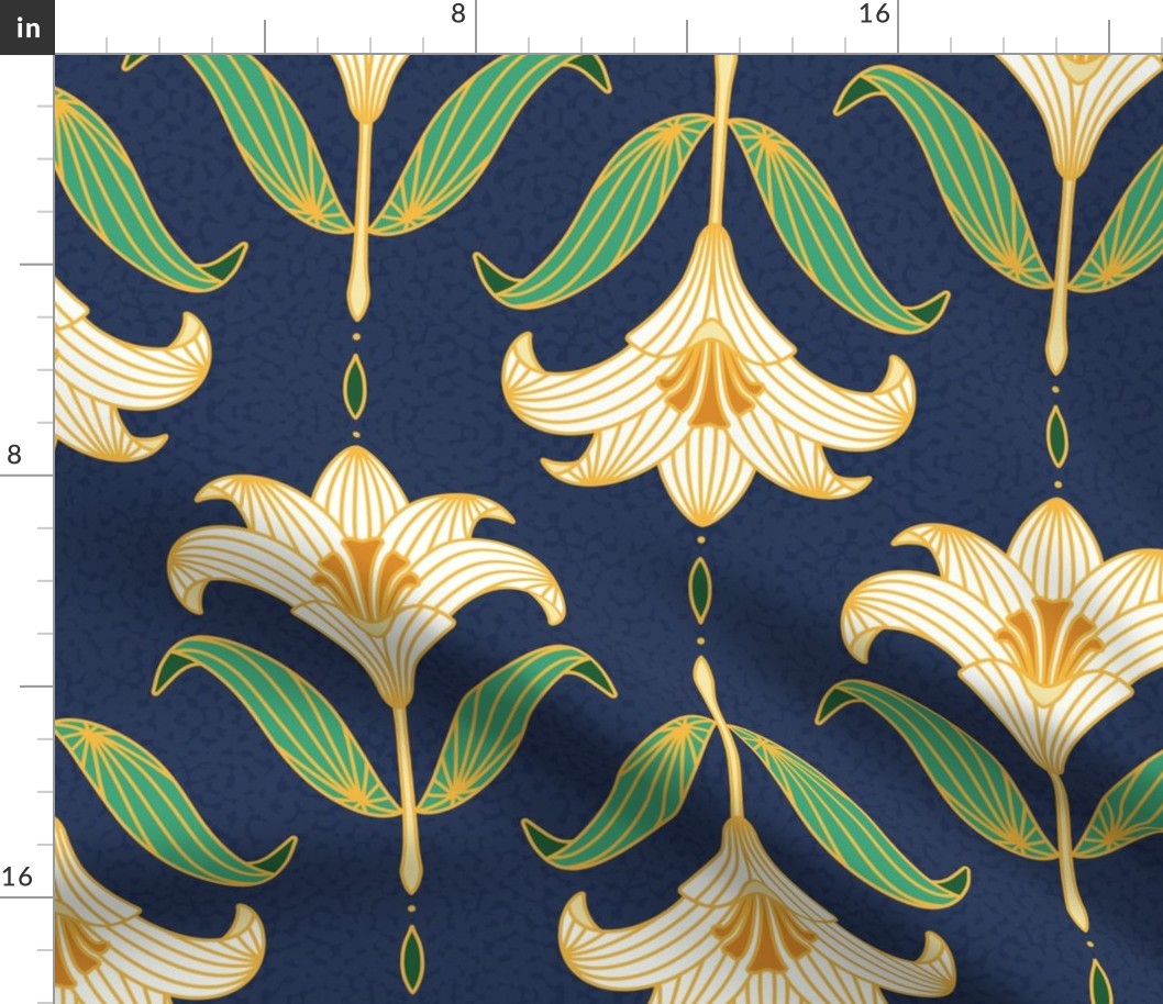 Medium scale / Cream and green art nouveau lilies on navy blue / Vintage Victorian ornate damask golden yellow line art lily florals / off white ivory beige mustard yellow boho leaves flowers moody dark background spa decor