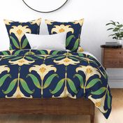 Large scale / Cream and green art nouveau lilies on navy blue / Vintage Victorian ornate damask golden yellow line art lily florals / off white ivory beige mustard yellow boho leaves flowers moody dark background spa decor
