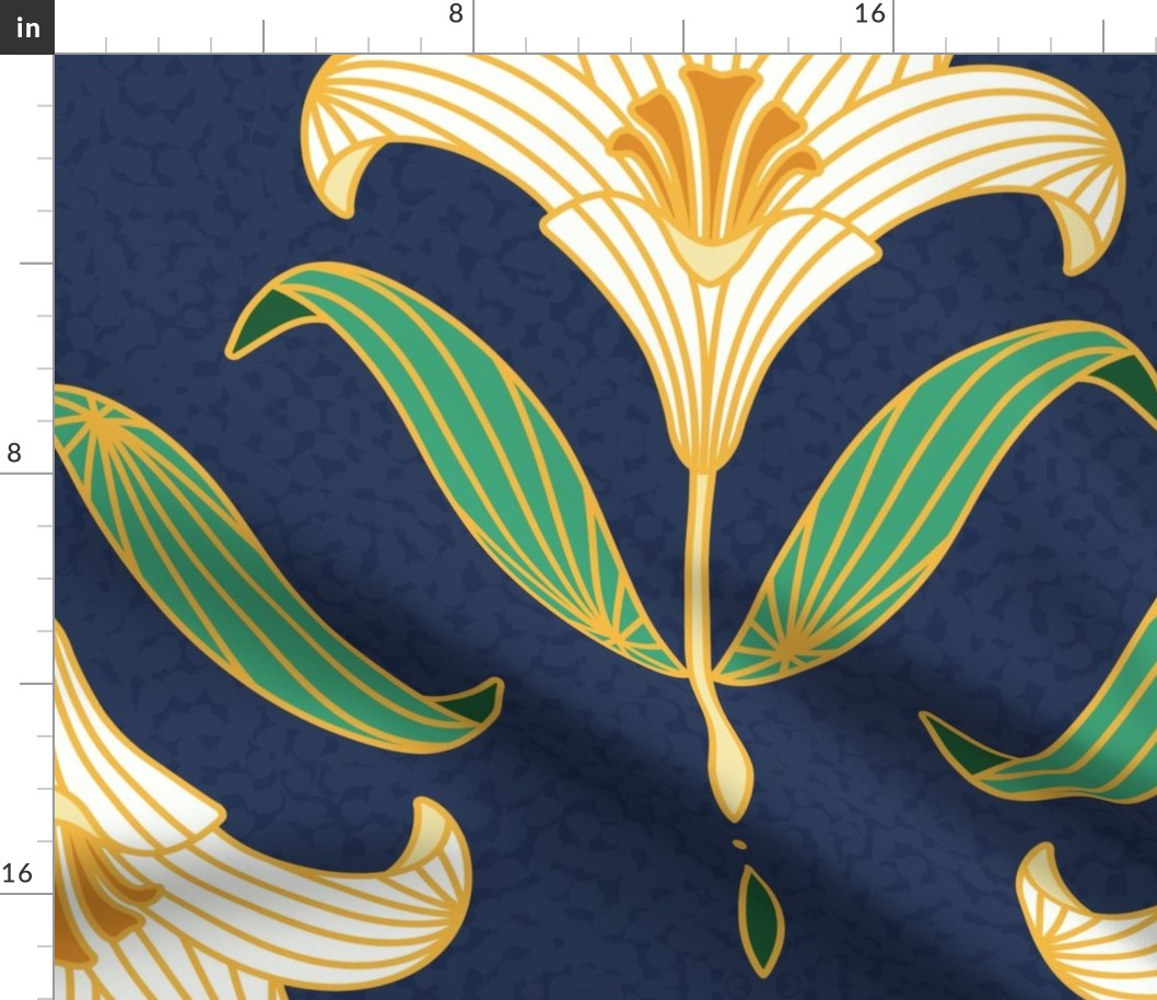 Large scale / Cream and green art nouveau lilies on navy blue / Vintage Victorian ornate damask golden yellow line art lily florals / off white ivory beige mustard yellow boho leaves flowers moody dark background spa decor