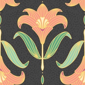 Medium scale / Salmon pink and green art nouveau lilies on gray black / Vintage Victorian ornate damask golden yellow line art lily florals / pastel boho coral leaves flowers moody dark background spa decor