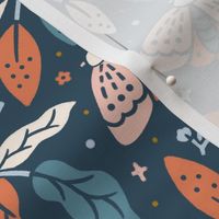 Medium scale / Rustic moths in midnight fall garden / terracotta orange brown florals and powder blue earth tones butterflies on navy blue / non directional botanicals bugs woodland insects maximalist flowers