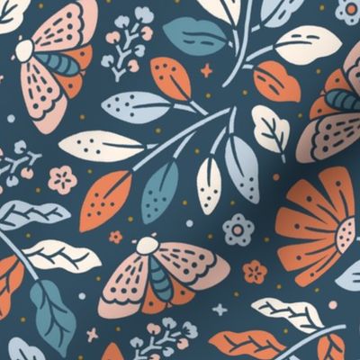 Medium scale / Rustic moths in midnight fall garden / terracotta orange brown florals and powder blue earth tones butterflies on navy blue / non directional botanicals bugs woodland insects maximalist flowers