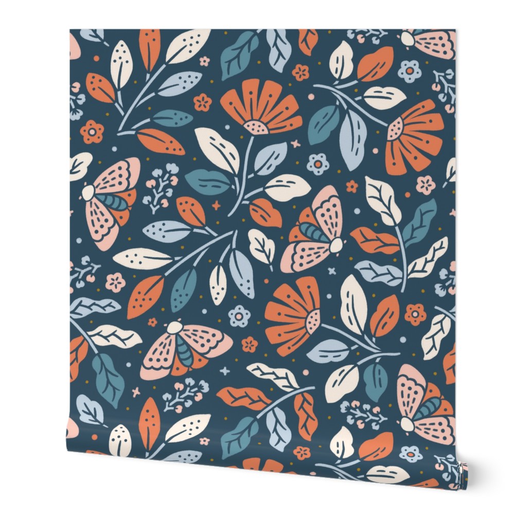 Large scale / Rustic moths in midnight Wallpaper | Spoonflower