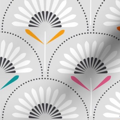 Medium scale / Black and white rainbow art deco flowers on gray / Modern geometric florals leaves dots in mustard yellow teal blue crimson red bright orange pink / mid mod sunflowers garden