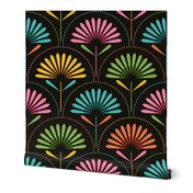 Large scale / Retro rainbow art deco flowers on black / Colorful florals petals leaves in pink blue green yellow and orange with dots / cute blooming bohemian bright boho sunflowers / geometric mid mod garden
