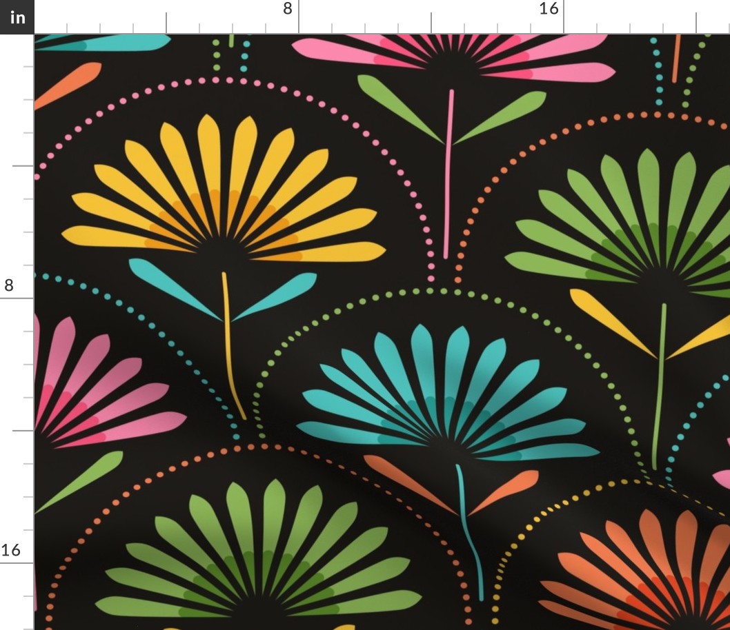 Large scale / Retro rainbow art deco flowers on black / Colorful florals petals leaves in pink blue green yellow and orange with dots / cute blooming bohemian bright boho sunflowers / geometric mid mod garden