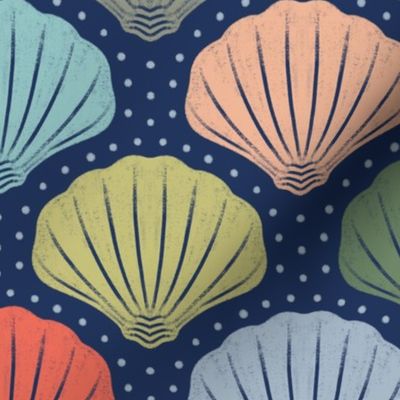 Medium scale / Multicolored sea shells on navy blue / Coastal chic oceanic scallop shapes beachcombers in coral orange pastel salmon lichen seaweed opal green ivory with dots