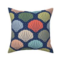 Medium scale / Multicolored sea shells on navy blue / Coastal chic oceanic scallop shapes beachcombers in coral orange pastel salmon lichen seaweed opal green ivory with dots