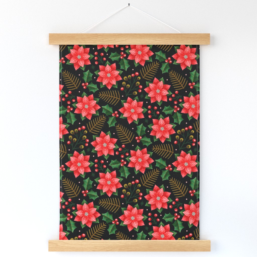 Medium scale / Christmas Poinsettias in red and green on black / botanicals with rustic winter flowers spruce leaves holly berries fir maximalist florals / festive natural Christmas holiday