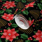 Medium scale / Christmas Poinsettias in red and green on black / botanicals with rustic winter flowers spruce leaves holly berries fir maximalist florals / festive natural Christmas holiday