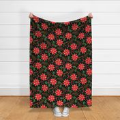 Large scale / Christmas Poinsettias in red and green on black / botanicals with rustic winter flowers spruce leaves holly berries fir maximalist florals / festive natural Christmas holiday