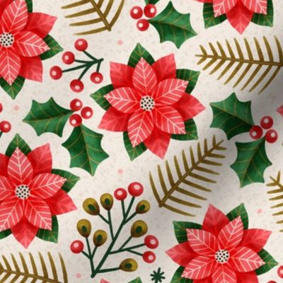 Medium scale / Christmas Poinsettias in red and green on beige / botanicals with rustic winter flowers spruce leaves holly berries fir maximalist florals / festive natural Christmas holiday