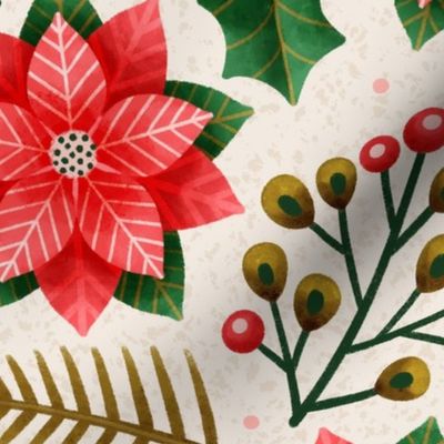 Large scale / Christmas Poinsettias in red and green on beige / botanicals with rustic winter flowers spruce leaves holly berries fir maximalist florals / festive natural Christmas holiday