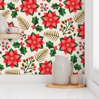 Large scale / Christmas Poinsettias in red and green on beige / botanicals with rustic winter flowers spruce leaves holly berries fir maximalist florals / festive natural Christmas holiday