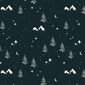 Winter wonderland mountains and pine trees wild nature landscape with snow and stars and moon vintage green white on charcoal gray