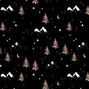 Winter wonderland mountains and pine trees wild nature landscape with snow and stars and moon vintage caramel burnt orange on black