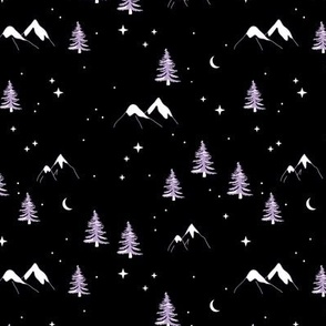 Winter wonderland mountains and pine trees wild nature landscape with snow and stars and moon vintage lilac purple white on charcoal gray