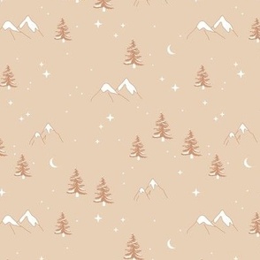 Winter wonderland mountains and pine trees wild nature landscape with snow and stars and moon vintage caramel burnt orange on tan beige