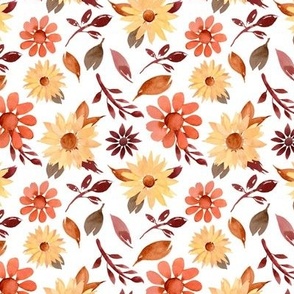 Watercolor sunflowers, orange flowers and leaves autumn pattern on white background, 4.50in x 4.50in