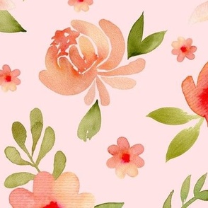 Pink and orange peonies and leaves watercolor design on pink background
