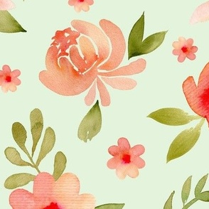 Pink and orange peonies and leaves watercolor design on green background, 10.50in x 10.50in