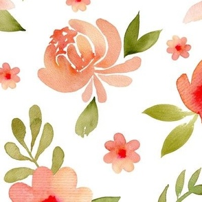 Pink and orange peonies and leaves watercolor design on white background