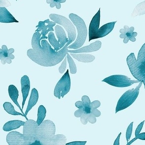 Monochromatic blue watercolor peonies and leaves on blue background
