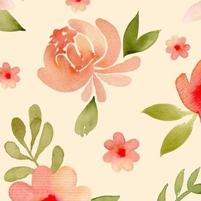 Pink and orange peonies and leaves watercolor design on light yellow background 10,5x10,5 inch