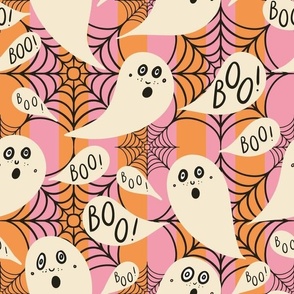 Whimsigothic-ghosts-with-boo-speech-bubbles-on-pink-orange-vertial-stripes-with-cobwebs-M-medium_new