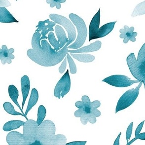 Monochromatic blue watercolor peonies and leaves on white background
