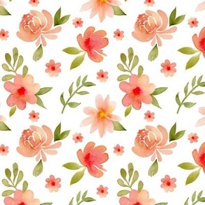 Pink and orange peonies and leaves watercolor design on white background