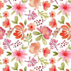 Pink and orange peonies and leaves watercolor design on white background