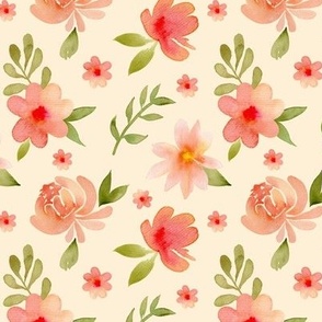 Pink and orange peonies and leaves watercolor design on light yellow background 5,25x5,25 ich